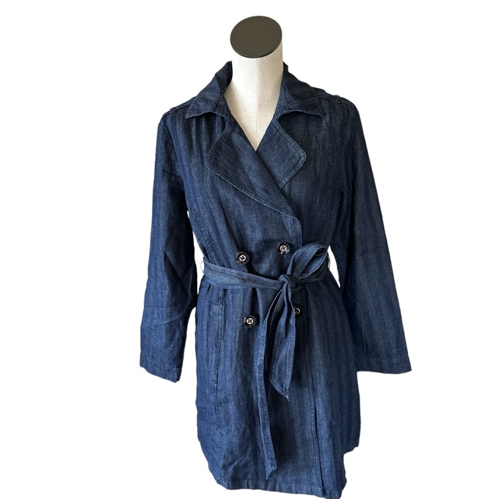 NWT CHICOS DENIM TRENCH TIE WAIST JACKET IN HERITAGE INDIGO SZ-1 US 8/10 - Picture 2 of 5